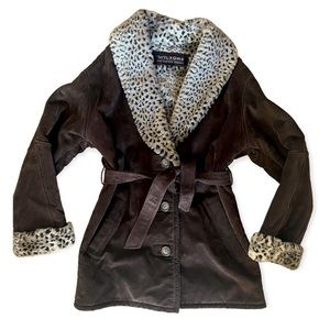 Vintage Wilsons Suede Leather Vegan Leopard Fur Penny Waist Tie Coat